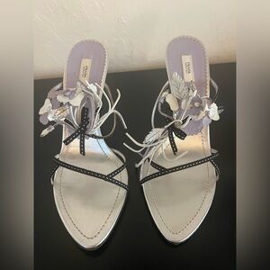 Prada Silver, Black, Lilac Floral Heels, Neiman Marcus 95th Anniversary, size 39